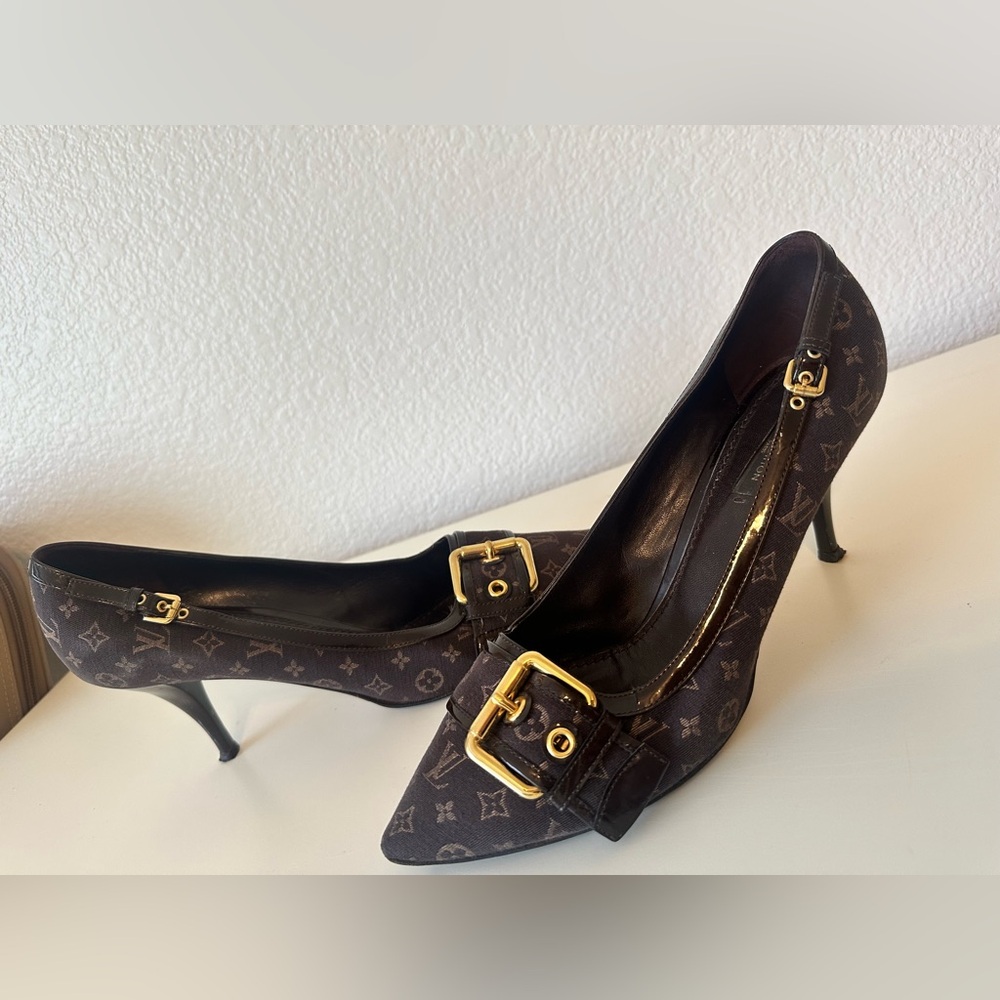 Louis Vuitton Dark Brown Monogram Heels with Gold Buckles